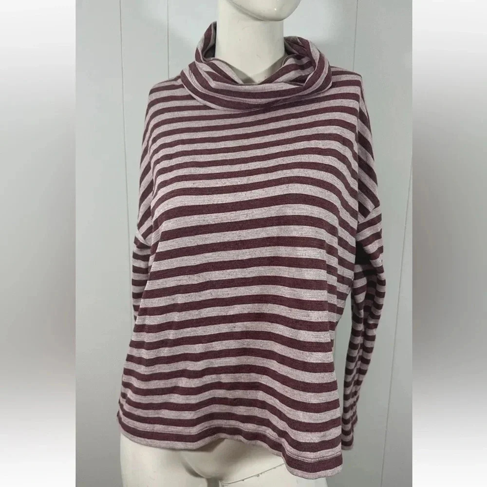J. Crew Women Burgundy Striped Turtleneck Top Sweater Long Sleeve Fleece Size S